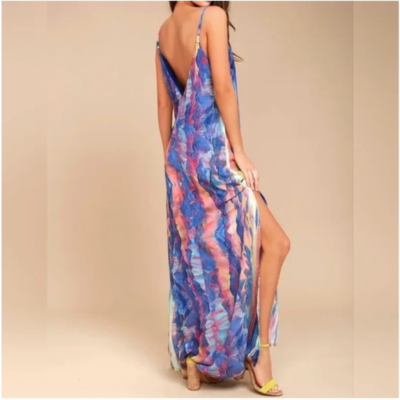 Lulus Flying Watercolors Royal Blue Watercolor Print Sheath Maxi Dress, Size XS - Picture 3 of 14